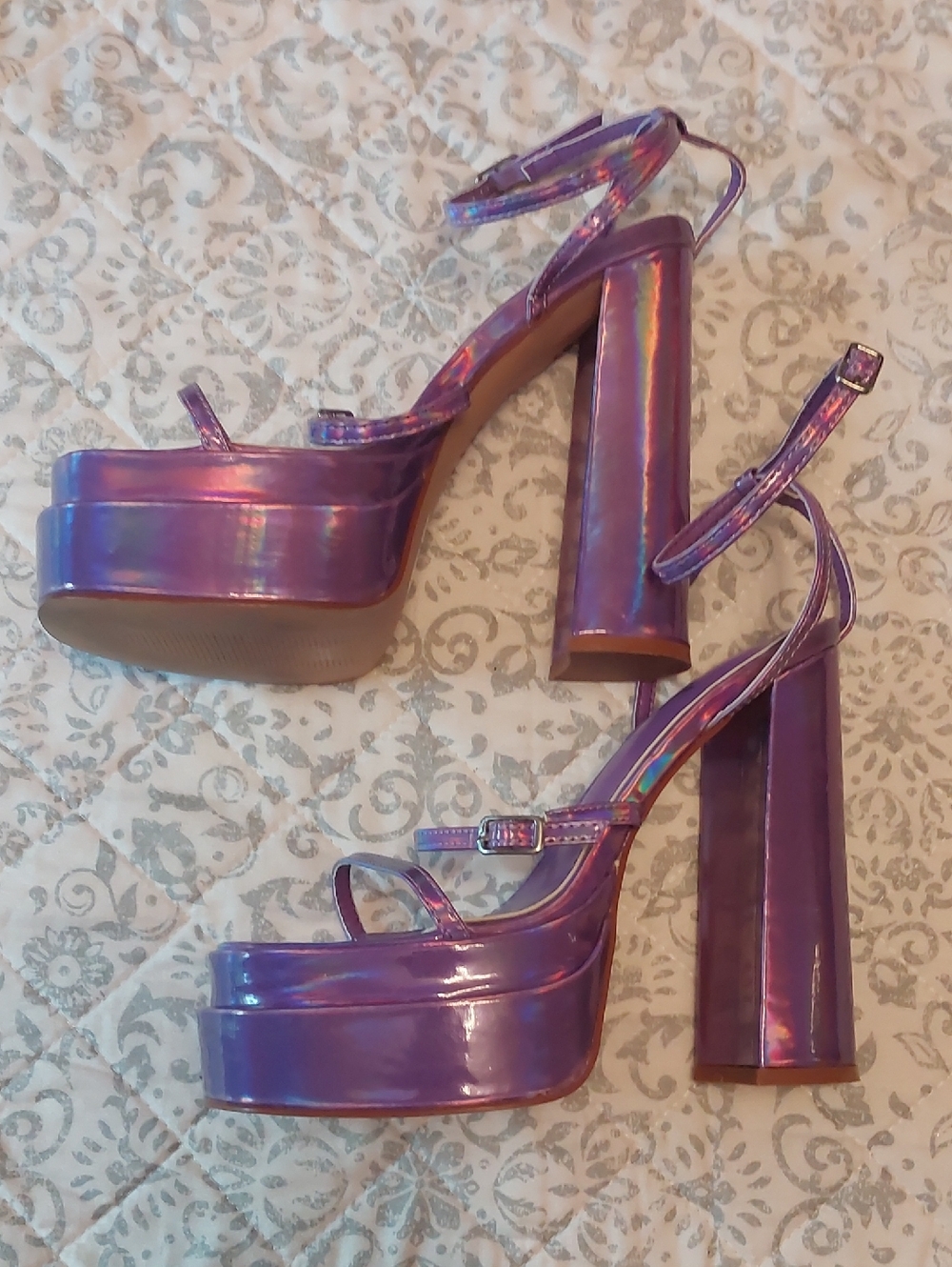 Iridescent Purple Platform Block Heel Sandals